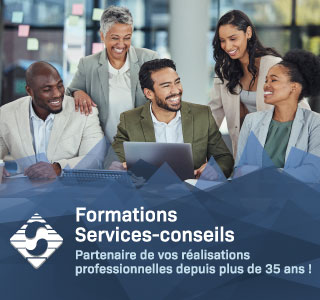 Le texte "Formations, Services-conseils. Partenaire de vos réalisations professionnelles depuis plus de 35 ans. En fond, des professionnels souriants en apprentissage.